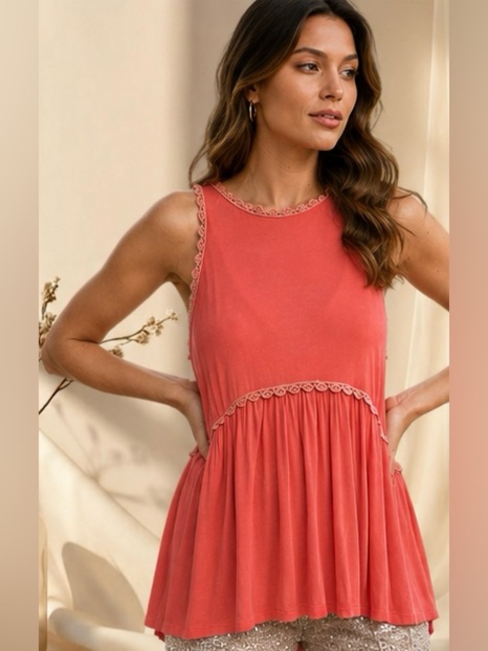 POL Coral Babydoll Top Flowy Silhouette Sleeveless Tank Top - Picture 8 of 8